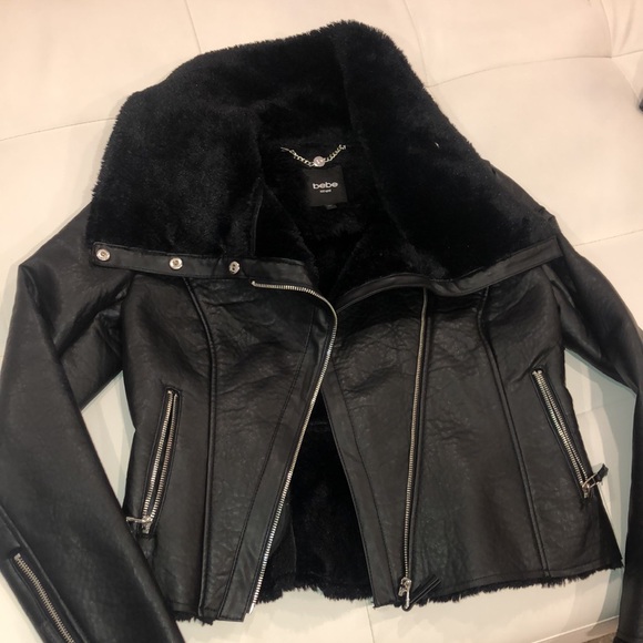 Bebe black faux leather faux fur lined jacket - Picture 3 of 8